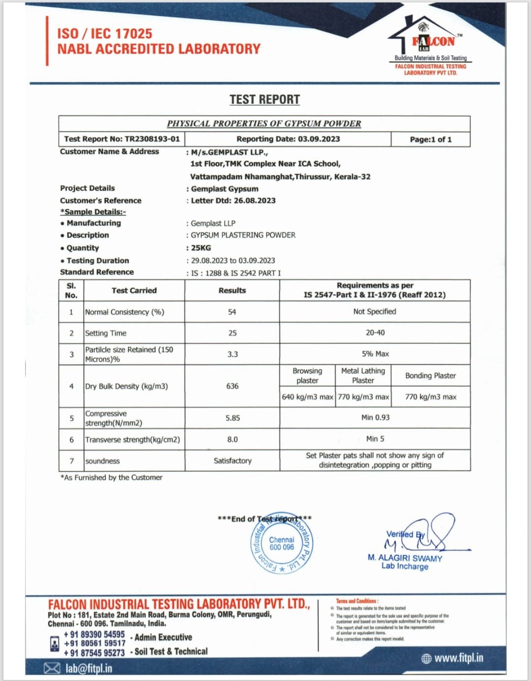 GEM PLAST CERTIFICATE